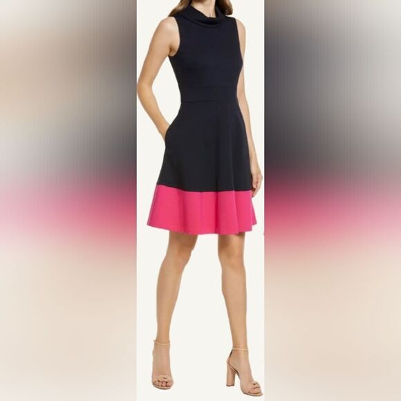 Eliza J Ponte Knit Fit & Flare Color Block Sleeveless Dress NWT size 6 Navy/Pink - Picture 1 of 5